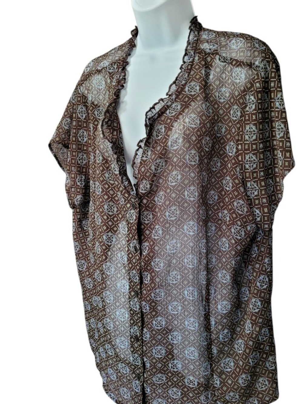 Covington Geometric‎ Print Top 24W Brown Short Sleeve Sheer Lightweight Blouse